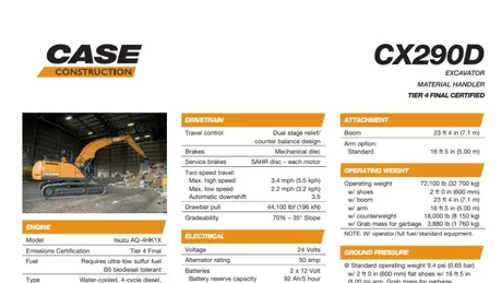 CX290D Material Handler Specifications