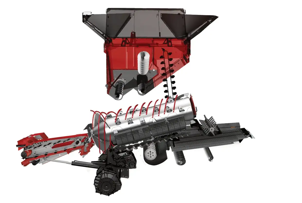 Case Ih red and black agricultural seed drill on a white background, featuring a large hopper, row openers, wheels, and coiled seed-delivery tubes.