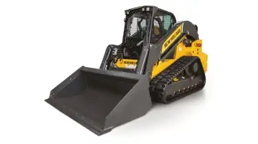 Compact track loader with bucket attachment.