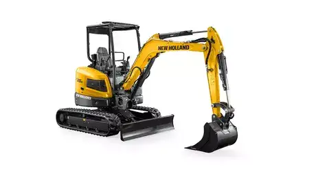 foto de estúdio com a miniescavadeira E35D da New Holland destacando sua lateral. 