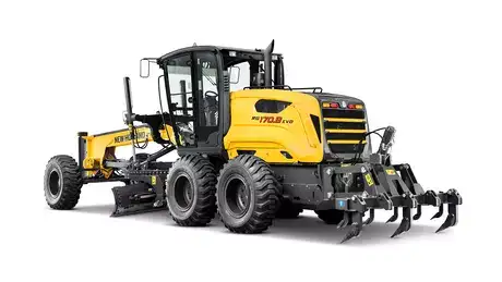 foto de estúdio da motoniveladora RG170.B EVO New Holland destacando a sua frente.
