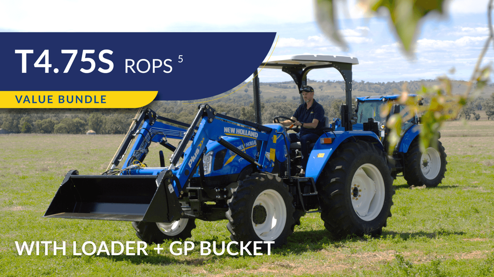 New Holland T4.75S ROPS tractor sitting in field with operator