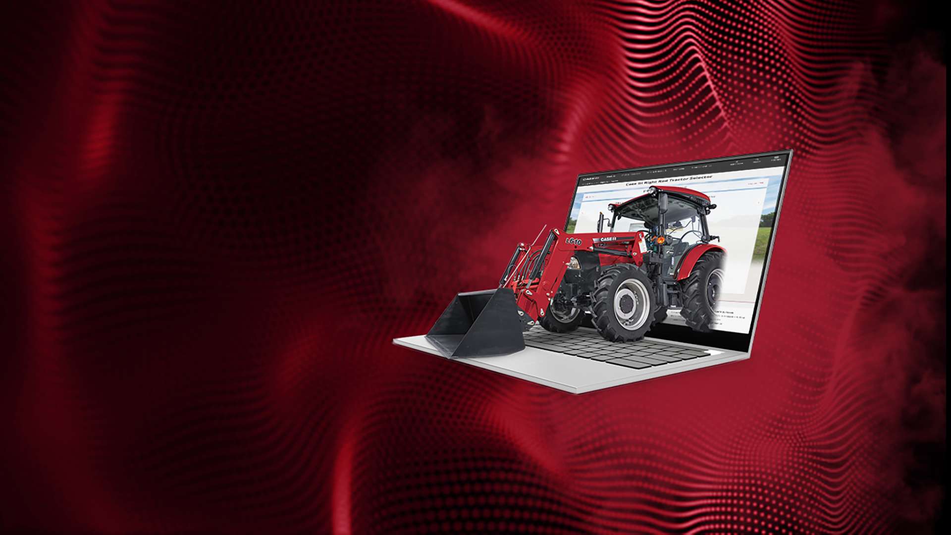A 3D Case IH red tractor model appears to emerge from a laptop screen against a dramatic, rippling red-and-black background, evoking innovation and power.