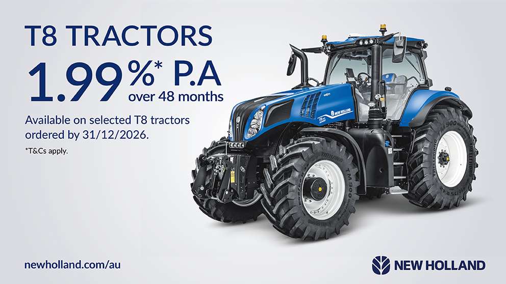 New Holland T8 tractor studio shot with 1.99% finance offer
