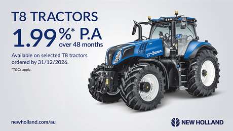 New Holland T8 tractor studio shot with 1.99% finance offer