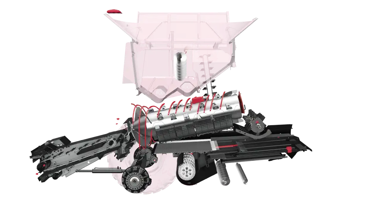 Complex mechanical equipment with gears, wires, and cylindrical parts displayed against a black background. Red accents highlight key components.