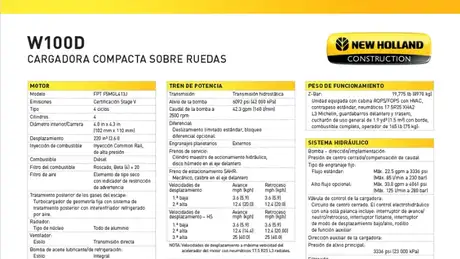 W100D Compact Wheel Loader - Especificaciones