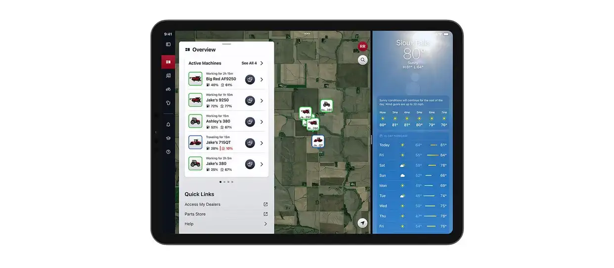 Tablet displaying Case IH FieldOps app with real-time equipment tracking, operational status of active machines in the field, and a live weather panel for Sioux Falls.