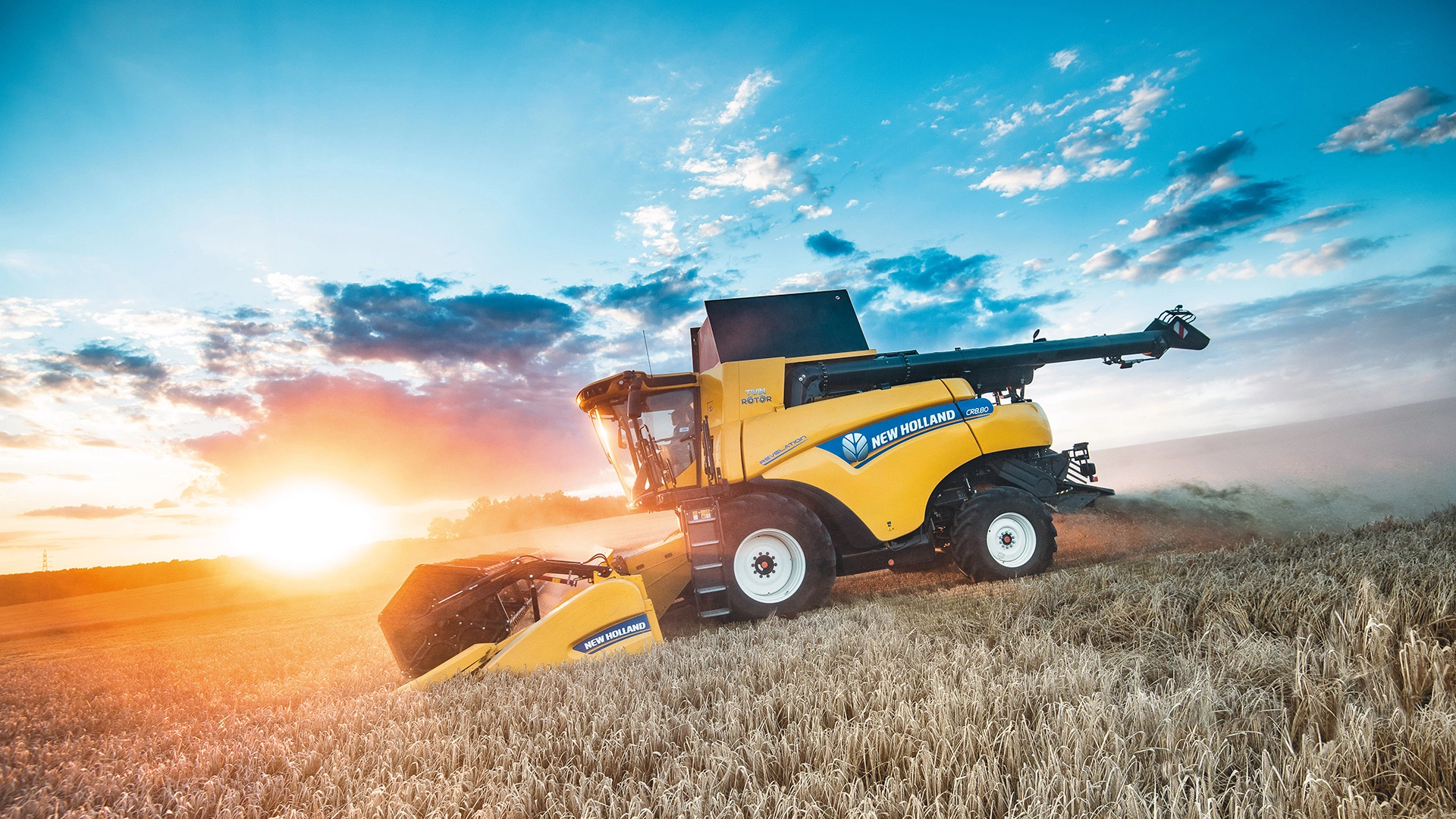 New Holland's CR Revelation combine and tractors collaborating in the field