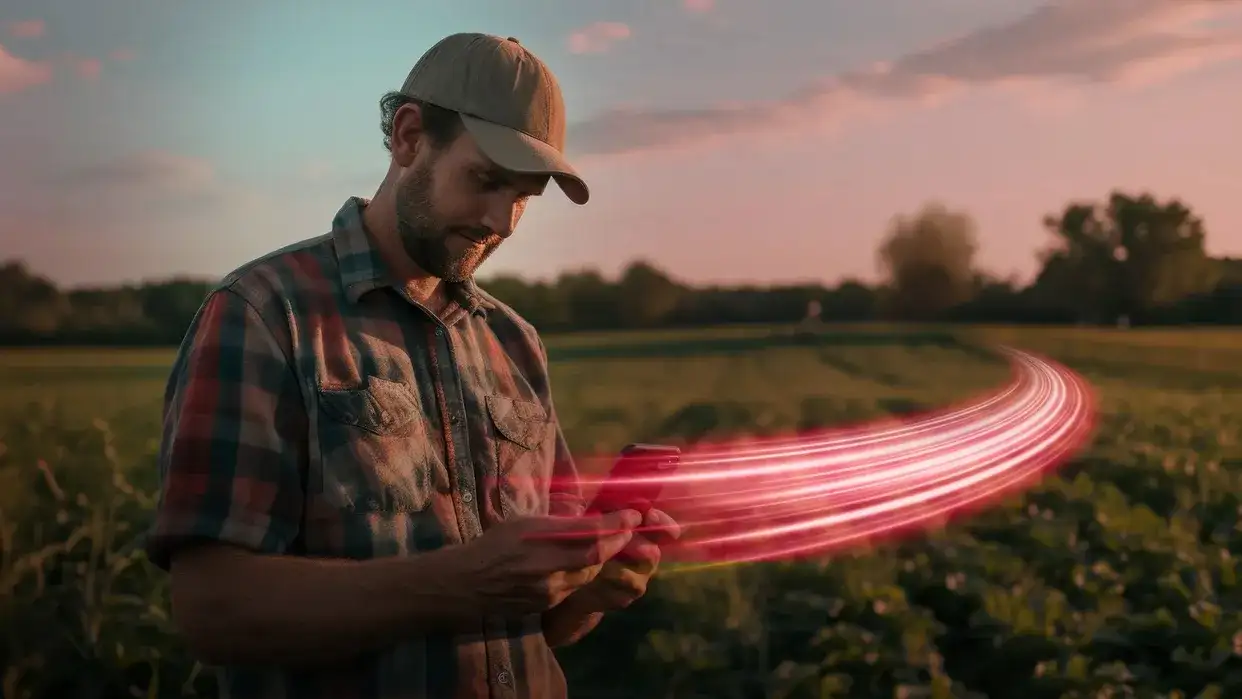 Farmer using a smartphone in a field with a digital connectivity graphic, representing precision farming technology
