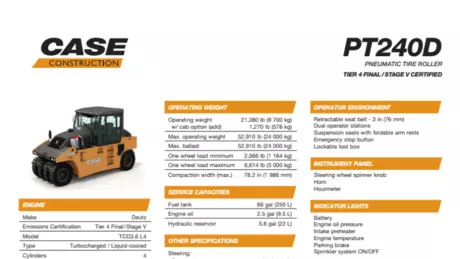 PT240D Pneumatic Tire Roller Specifications