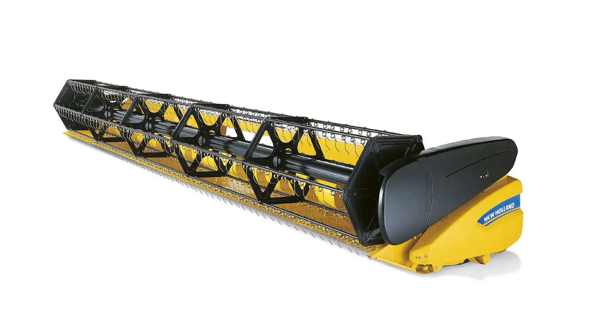 New Holland high capacity grain harvester header; sleek yellow design with detailed cutting blades, isolated view.