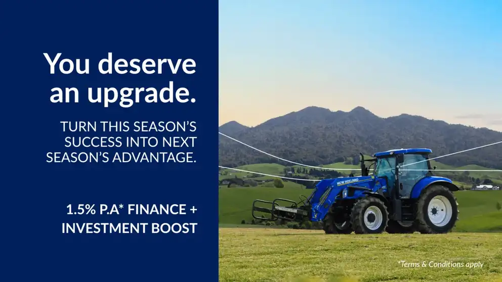 New Holland tractor sitting in New Zealand field for Government Incentive program 