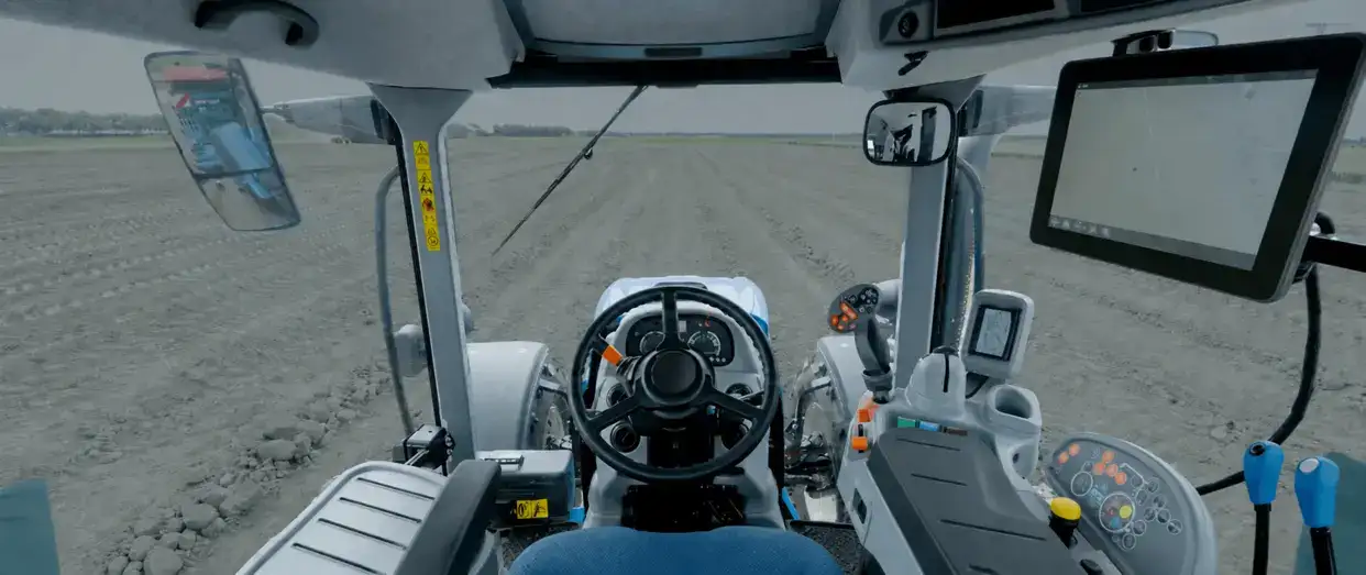 New Holland electric autosteering cabin shot with steering wheel and display showcased