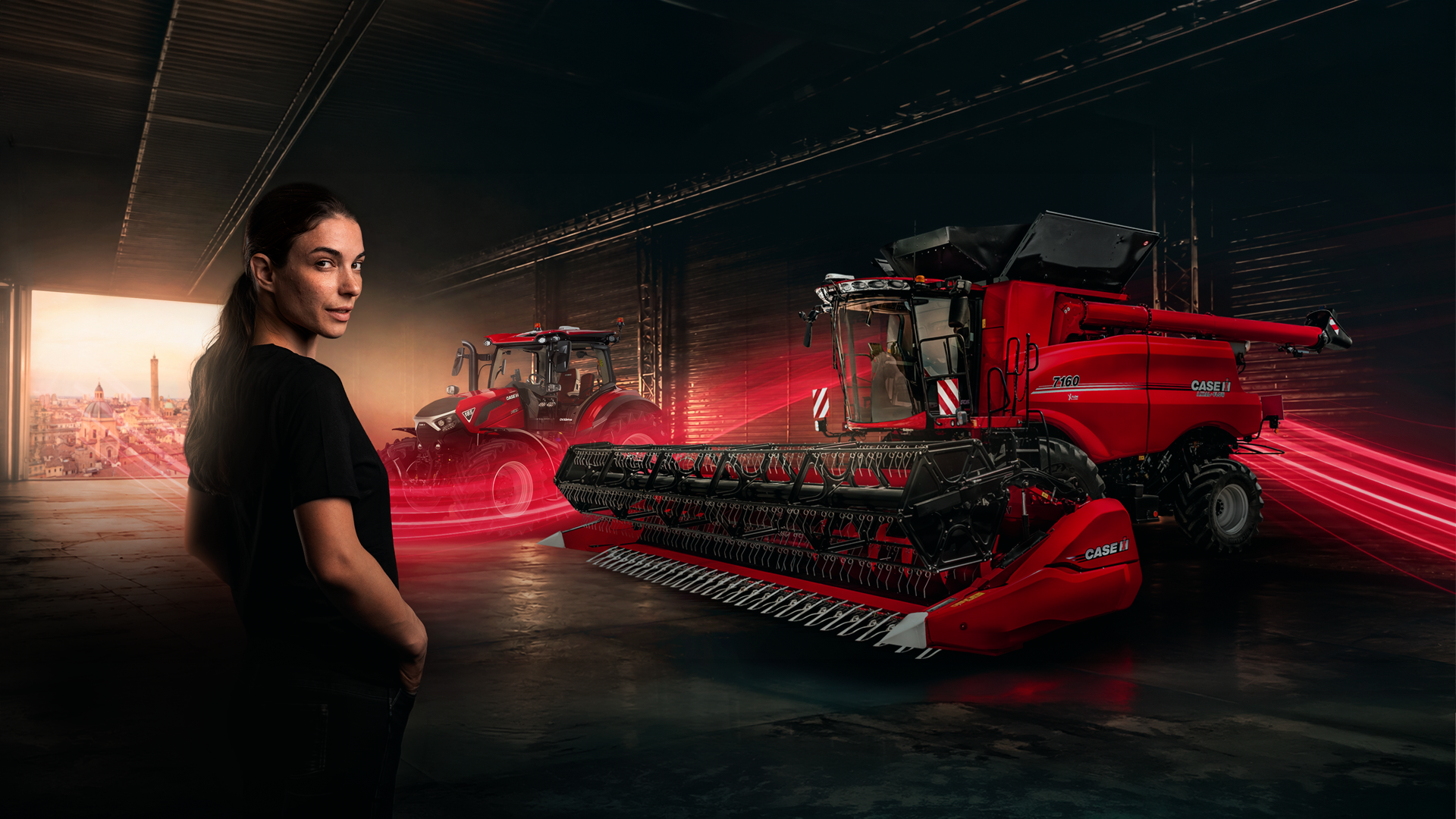 Case IH stand banner for EIMA International 2026: a woman in a black T-shirt in the foreground, with a Case IH Axial-Flow 7160 combine harvester and a tractor behind her under dramatic red lighting. 10–14 November, Hall 29, Bologna, Italy
