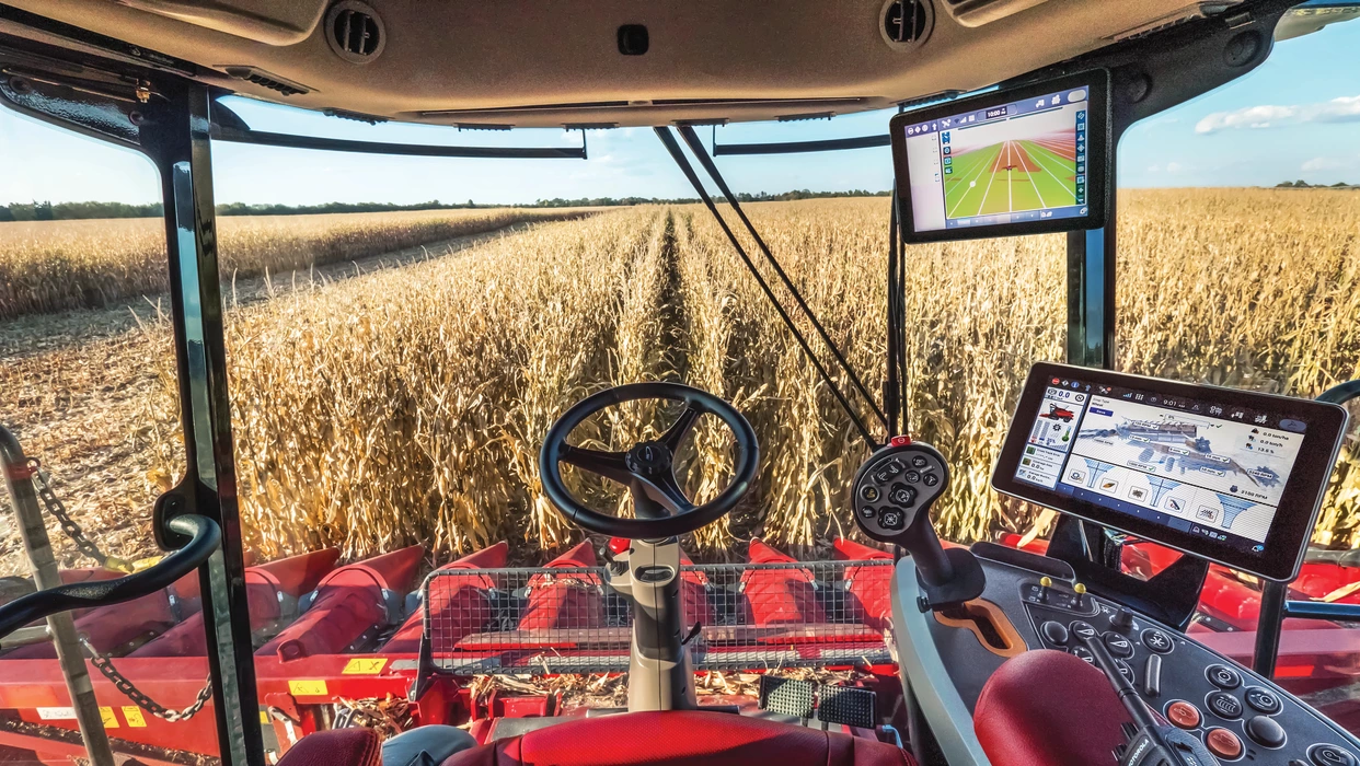 view from cab interior Axial-Flow 9260, showing dual 1200 Pro displays