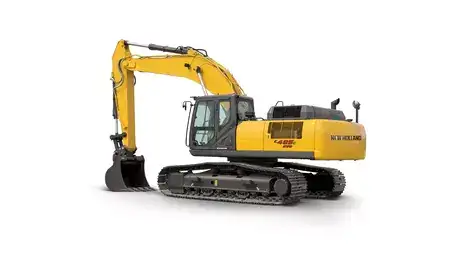 foto de estúdio com a escavadeira hidráulica E485C EVO da New Holland, destacando sua lateral. 