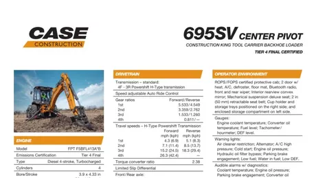695SV Center Pivot Construction King Backhoe Loader Specifications