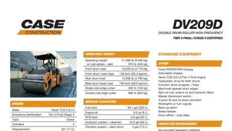 DV209D HF Large Double Drum Vibratory Compactor Specifications
